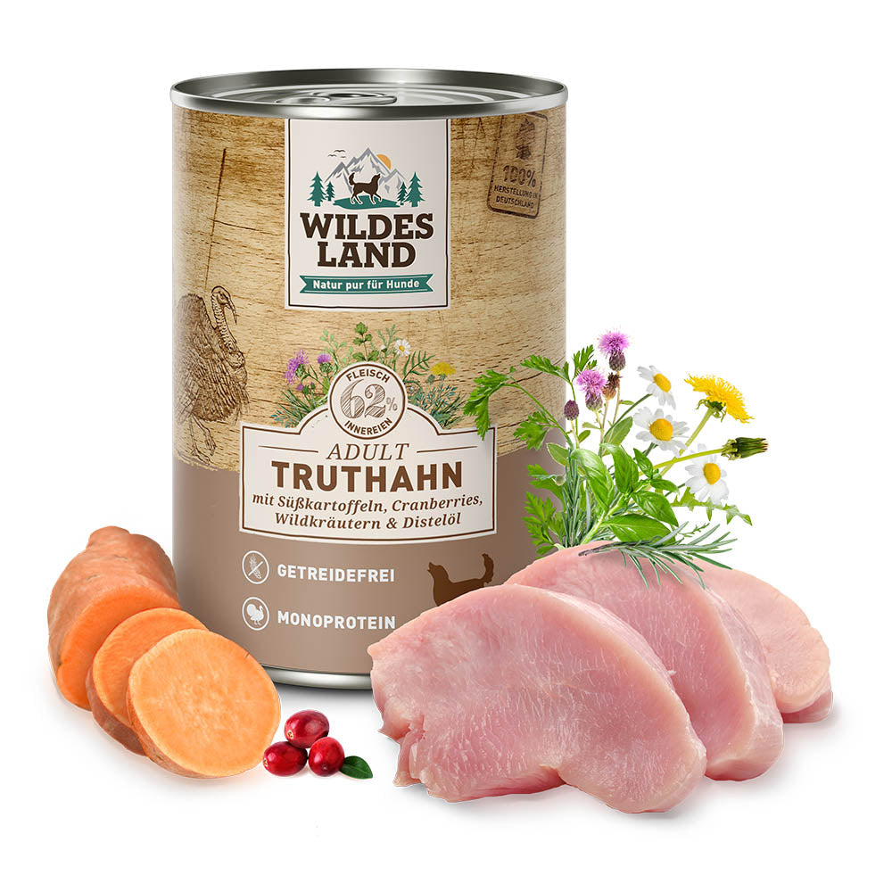 Wildes Land Classic Adult Hund
Truthahn mit Süßkartoffel 400 g
