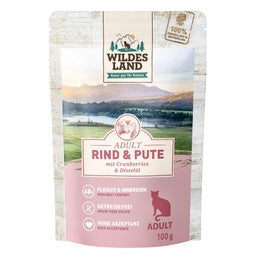 Wildes Land Classic Adult Katze Pouch 
Rind und Pute mit Distelöl 100g